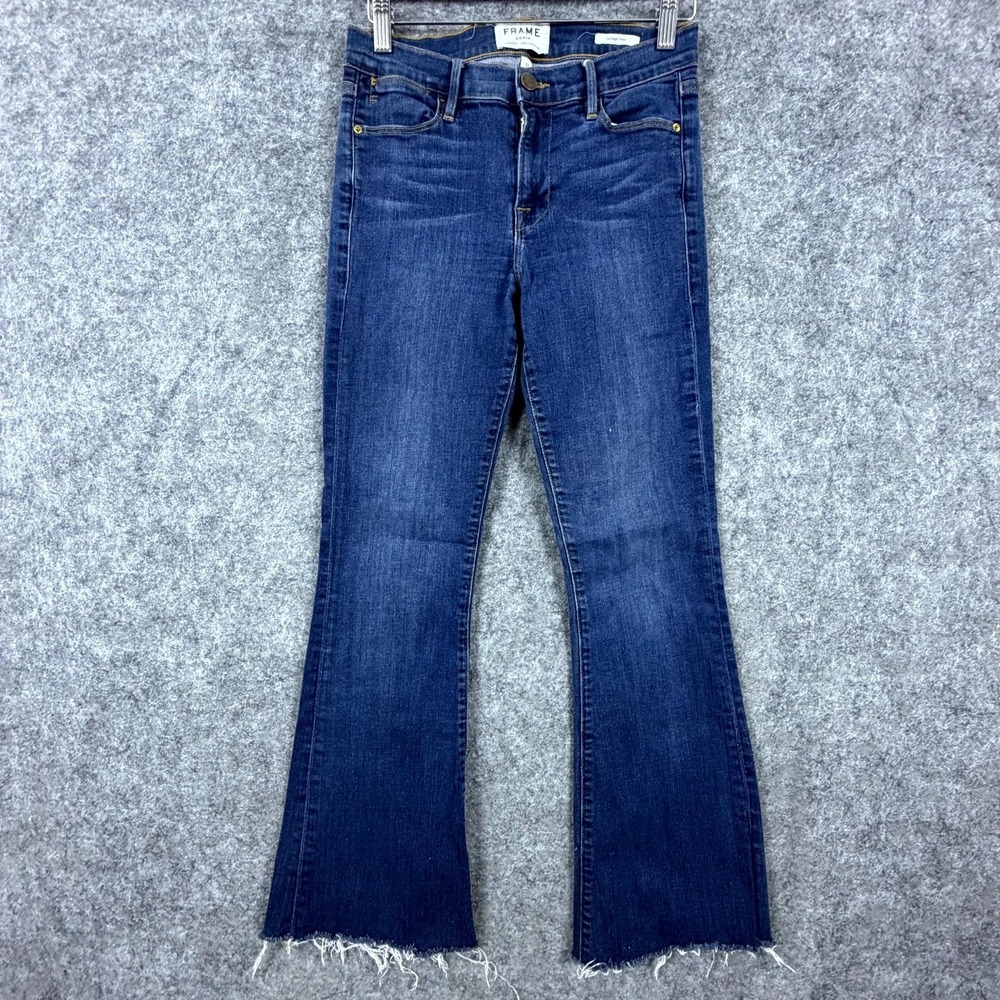 Frame Le High Flare Jeans Womens 27 Blue Whiskered Denim Cotton Raw Hem Mid Rise